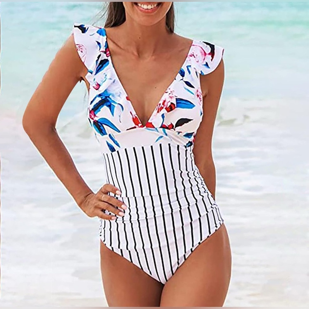 Floral Striped One Piece Swimsuit Size L